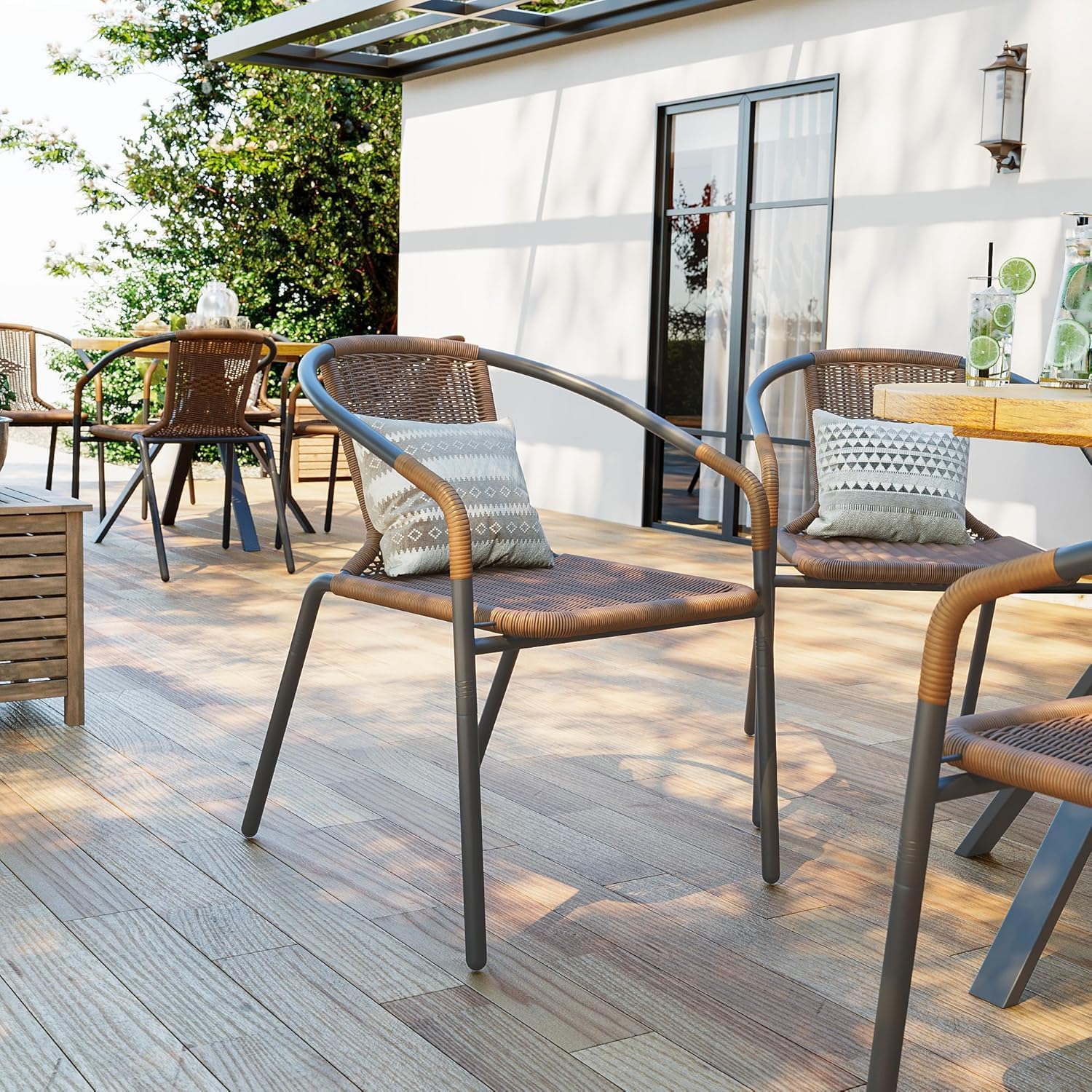 Amopatio Outdoor Dining Chairs Set of 4, Stackable Outdoor Patio Chairs, Rattan Wicker Patio Chairs Set of 4, for Porch, Deck, Garden, Poolside, Yard, Bistro, Restaurant, Brown