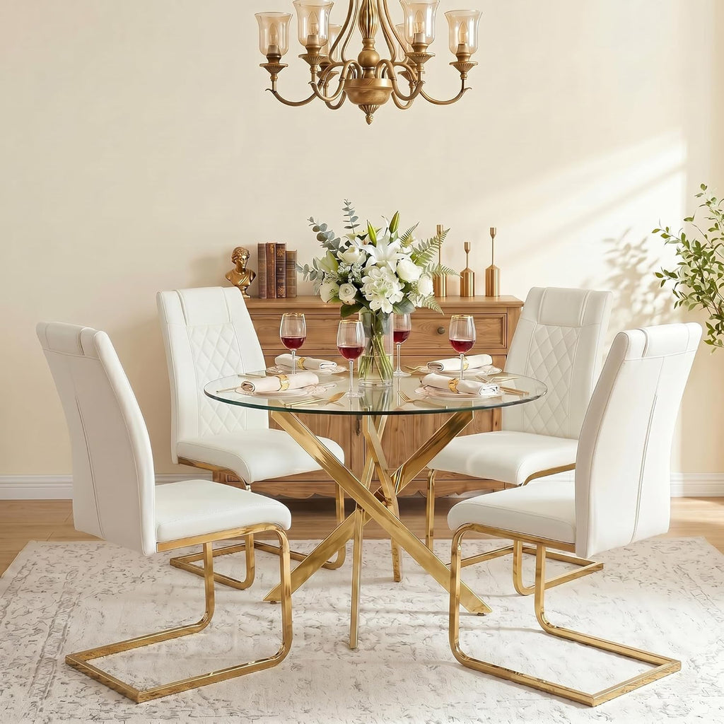 5 Piece Round Glass Dining Table Set for 4, Modern Tempered Glass Top Kitchen Table with 4 Upholstered Chairs, Space-Saving Dining Set for Small Apartment, Gold & Gold