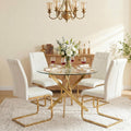 5 Piece Round Glass Dining Table Set for 4, Modern Tempered Glass Top Kitchen Table with 4 Upholstered Chairs, Space-Saving Dining Set for Small Apartment, Gold & Gold