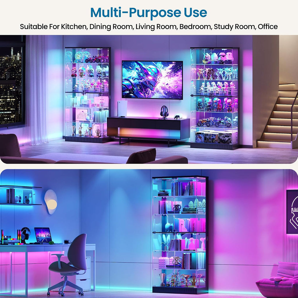 Lvifur 71" Tall Glass Display Cabinet with RGB Lights for Living Room,Black | 6-Tier Lockable Curio Cabinet with Glass Door,Display Shelves,App Control,Motion Sensor,Display Case for Collectibles/Books