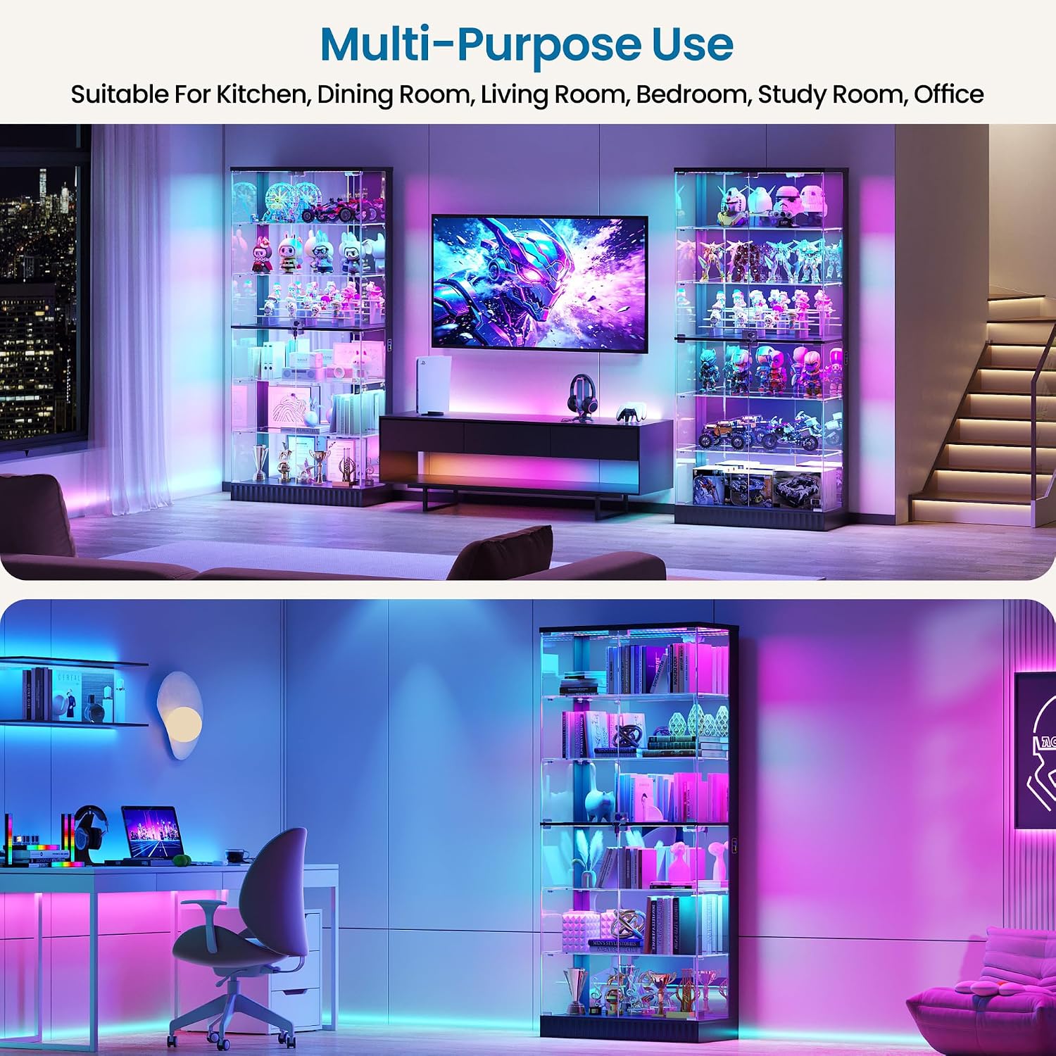 Lvifur 71" Tall Glass Display Cabinet with RGB Lights for Living Room,Black | 6-Tier Lockable Curio Cabinet with Glass Door,Display Shelves,App Control,Motion Sensor,Display Case for Collectibles/Books