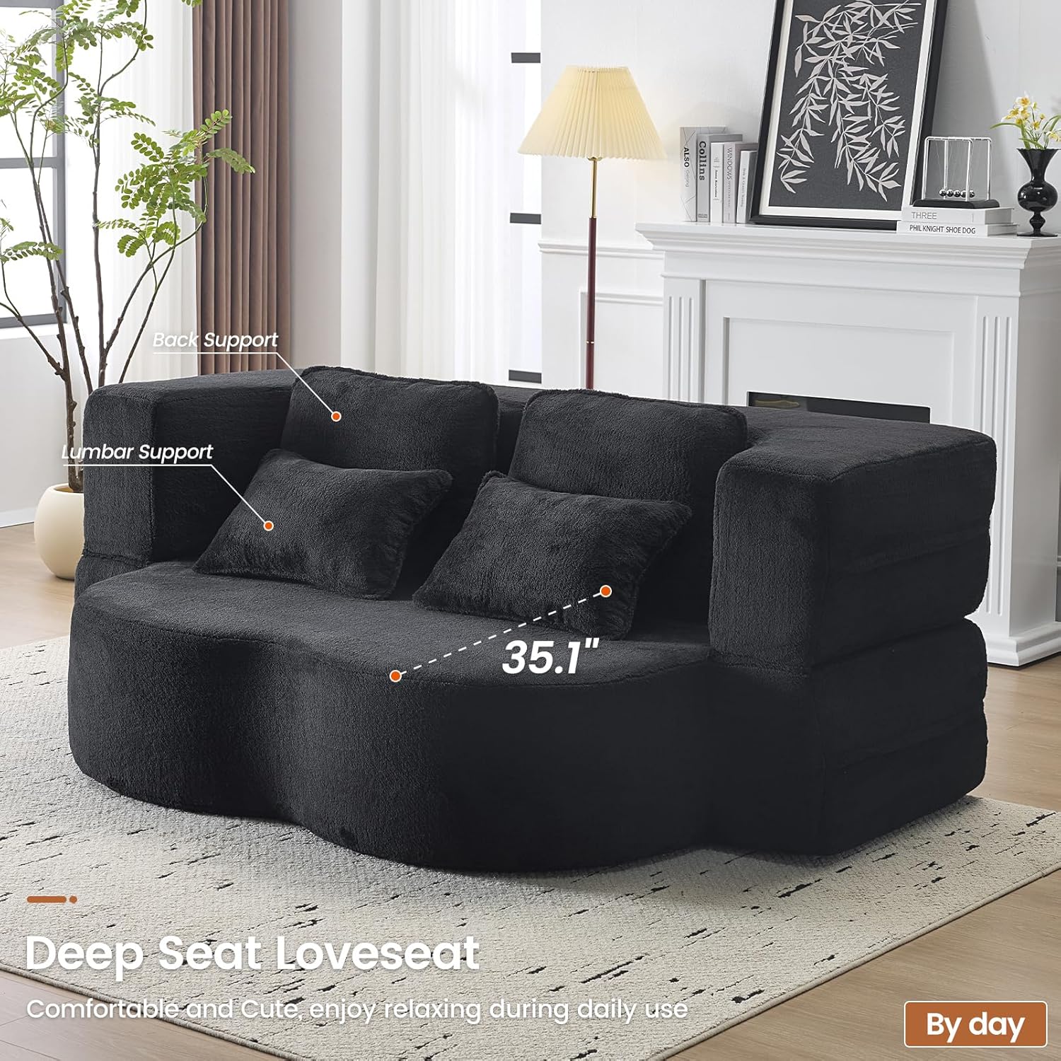 Convertible Folding Sofa Bed, 78” Full Size Loveseat Sleeper Sofa, Chenille Foldable Boneless Floor Couch with 4 Pillows for Guest Living Room Bedroom, No Assembly Required (Black)