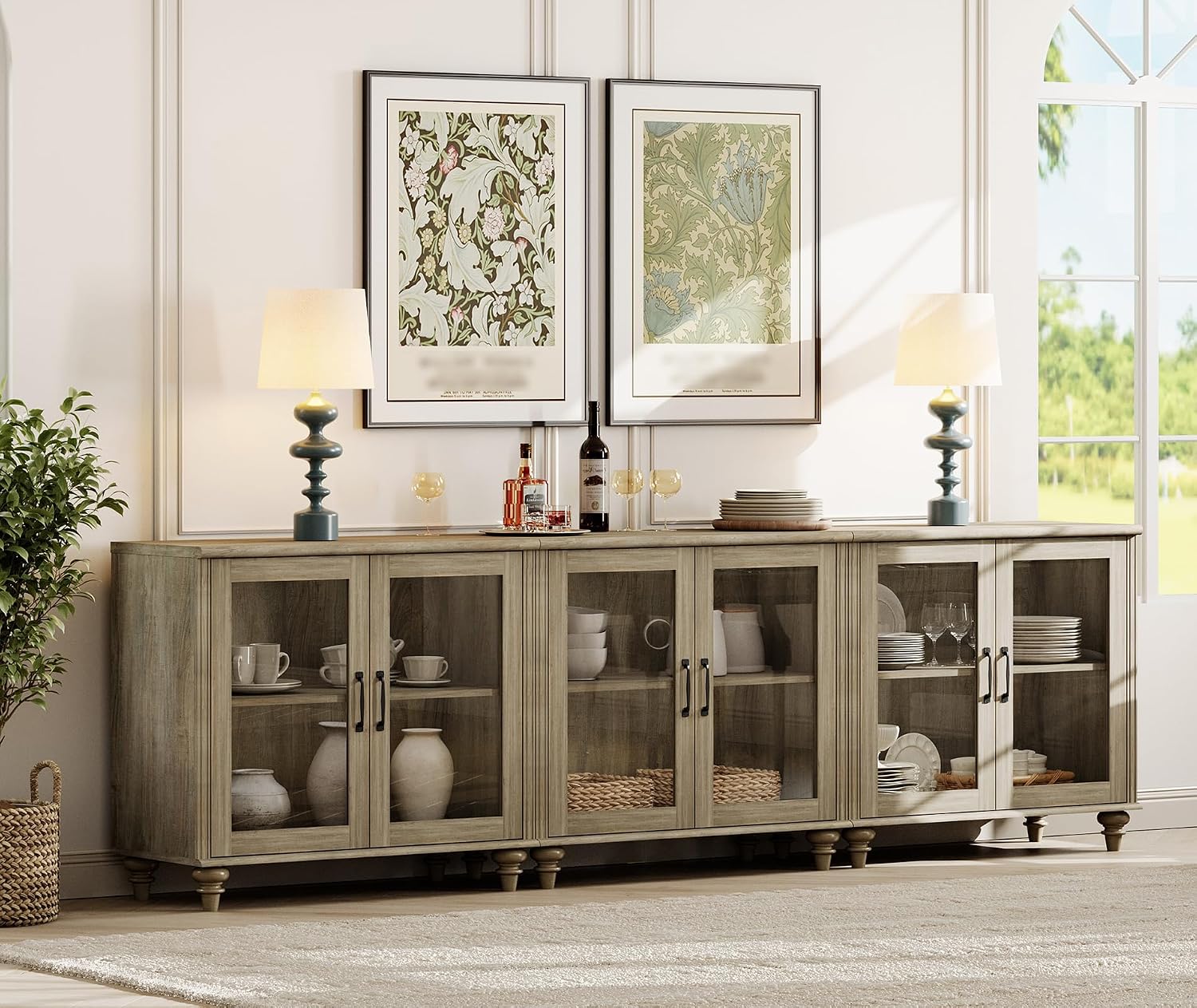 WAMAPT Farmhouse Sideboard Credenza with 6 Glass Doors, Large Coffee Bar Table with Adjustable Shelf, Wood Kitchen Storage Cabinets, Modern Buffet Cabinet for Dining Room, Grey, 101"