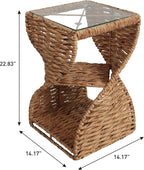 JONATHAN Y Suraya Woven Water Hyacinth Side Table with Glass Top, 23" Hourglass End Table with Storage Shelf for Living Room, Bohemian Accent Nightstand, Fully Assembled, Natural TBL2506A