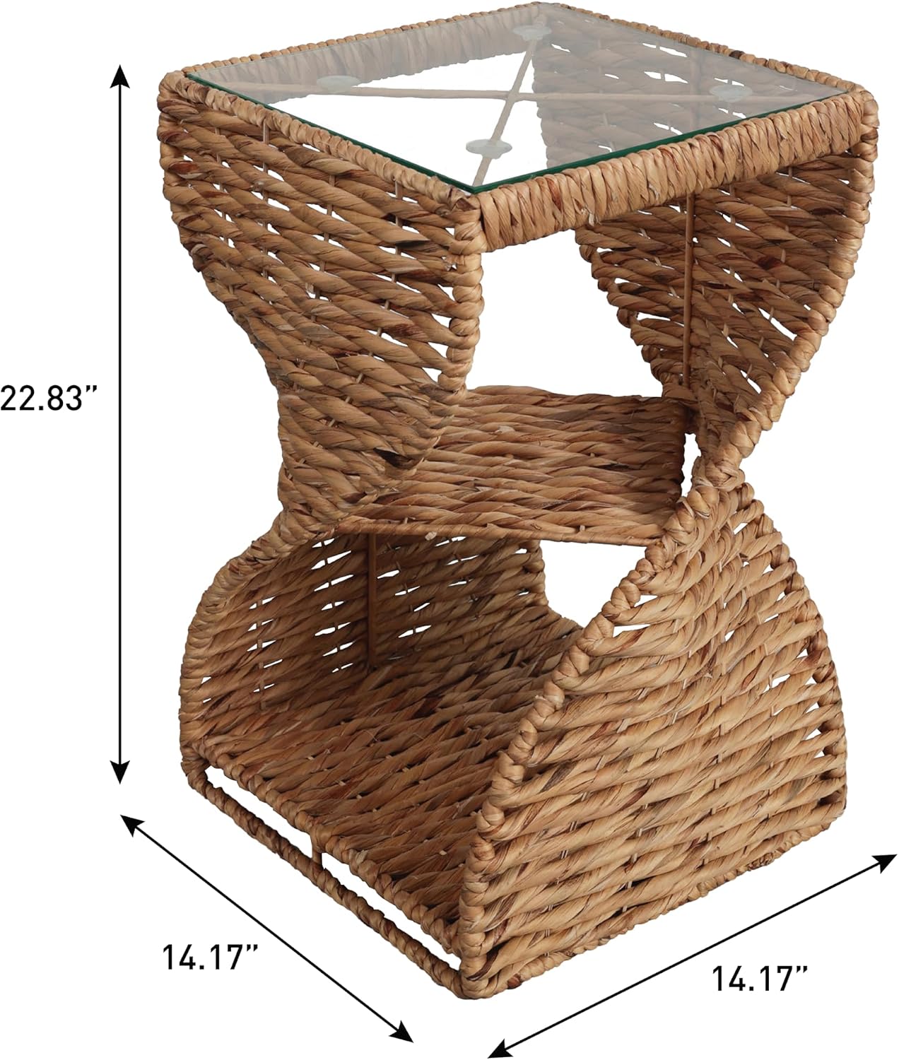JONATHAN Y Suraya Woven Water Hyacinth Side Table with Glass Top, 23" Hourglass End Table with Storage Shelf for Living Room, Bohemian Accent Nightstand, Fully Assembled, Natural TBL2506A