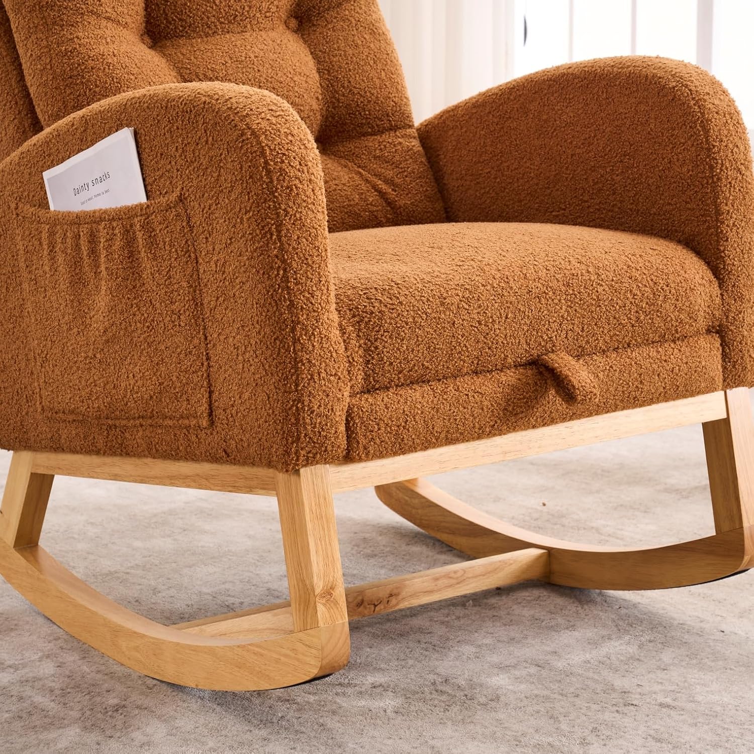 Accent Rocking Chair with Footrest, High Back Upholstered Rocker with Rubber Wood Legs, Lounge Armchair with Side Storage Pocket for Living Room Bedroom Nursery (1, Caramel)