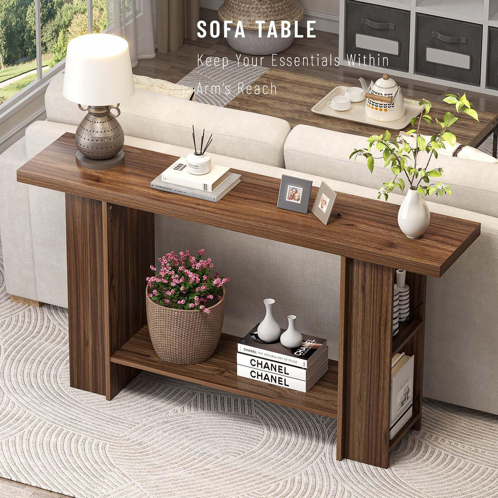 FOLUBAN Entryway Table, Modern Wood Console Table with Bottom & Side Storage Shelves, 2 Tier Sofa Table Behind Couch for Living Room, Long Hallway Table for Home Decor, 53 Inch, Walnut