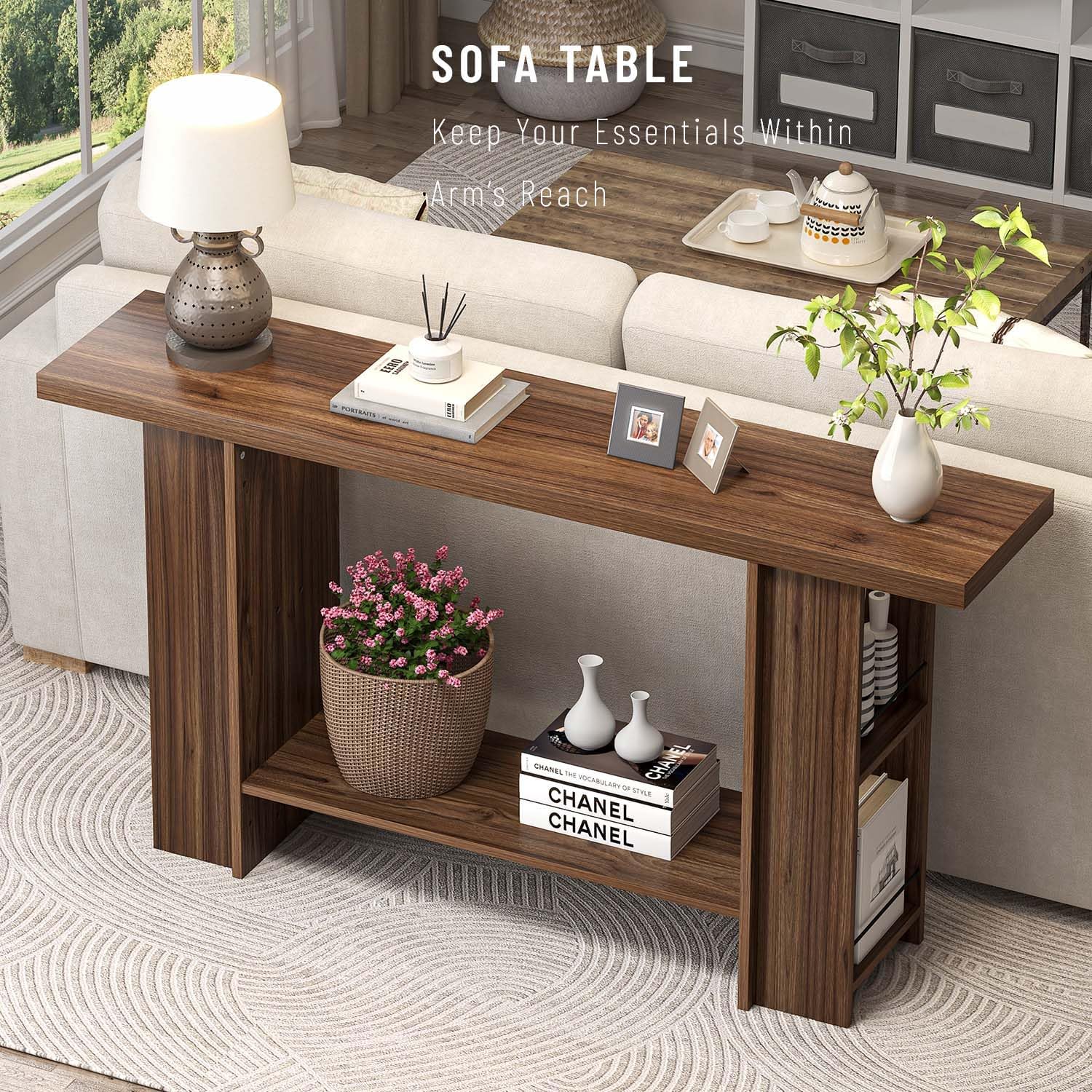 FOLUBAN Entryway Table, Modern Wood Console Table with Bottom & Side Storage Shelves, 2 Tier Sofa Table Behind Couch for Living Room, Long Hallway Table for Home Decor, 53 Inch, Walnut
