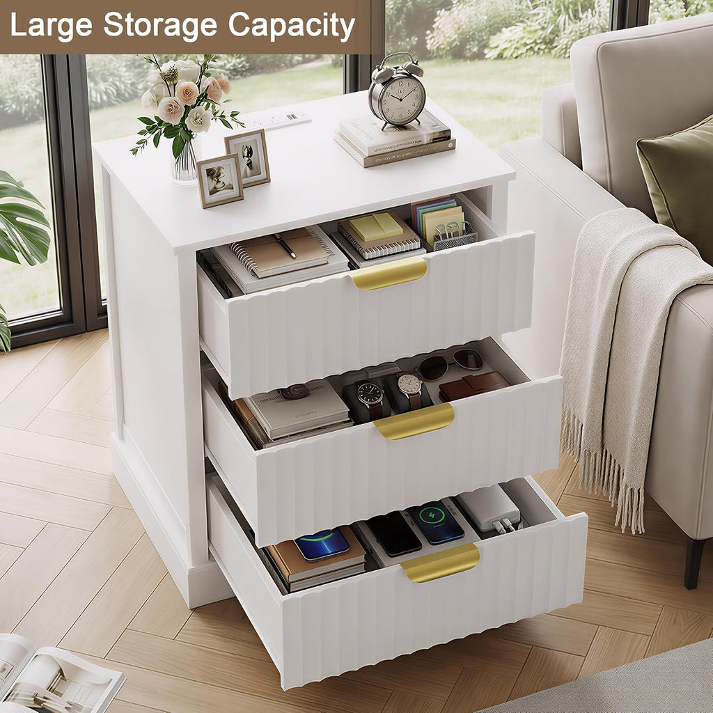 Fluted Nightstand with Charging Station and 3 Drawers | Metal Handles, Large Bedside Table, Bedroom, Charging Stations With USB-C Port, White