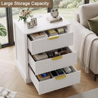 Fluted Nightstand with Charging Station and 3 Drawers | Metal Handles, Large Bedside Table, Bedroom, Charging Stations With USB-C Port, White