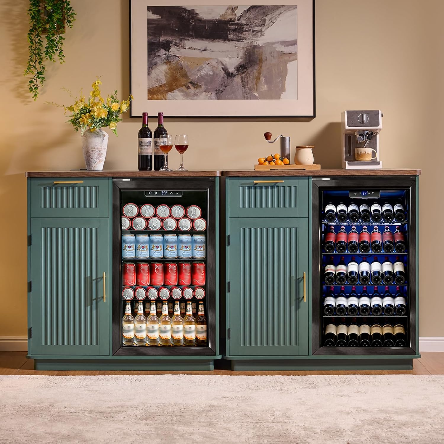 Okvnbjk Mini Fridge Cabinet with Storage & Power Outlet, Green | Coffee Bar Cabinet with Fridge Space, Modern Fluted Bar Cabinet with Drawer & Storage for Living Room, Dining Room, Dorm