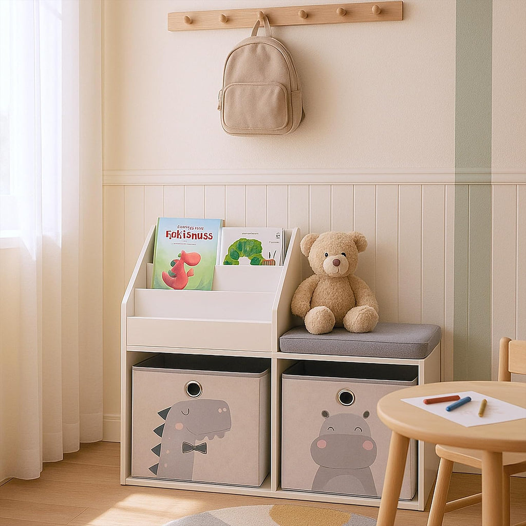 Relaxdays children's bench with storage, HWD: 72 x 79 x 31 cm, 2 foldable boxes, bookshelf, padded seat, white/grey, Fibreboard, Polyester, Foam