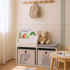 Relaxdays children's bench with storage, HWD: 72 x 79 x 31 cm, 2 foldable boxes, bookshelf, padded seat, white/grey, Fibreboard, Polyester, Foam