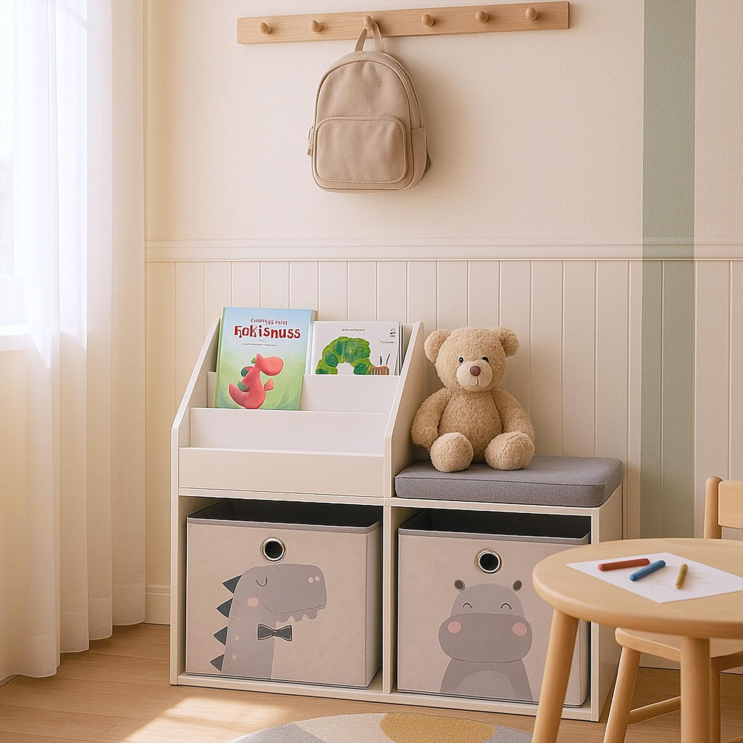 Relaxdays children's bench with storage, HWD: 72 x 79 x 31 cm, 2 foldable boxes, bookshelf, padded seat, white/grey, Fibreboard, Polyester, Foam