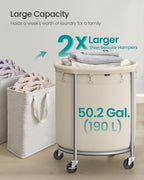 SONGMICS 50.2-Gallon (190 L) Laundry Basket with Wheels, Rolling Round Heavy-Duty Laundry Hamper Cart with Steel Frame and Removable Bag, 2 Locking, White and Metallic Silver, URLS01MZ