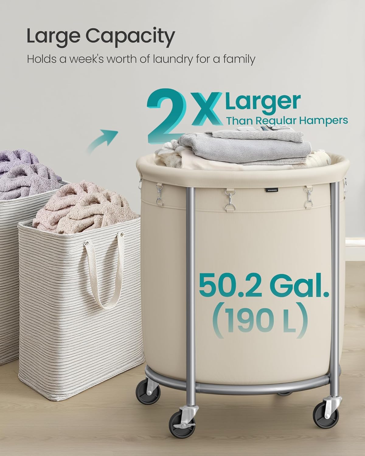 SONGMICS 50.2-Gallon (190 L) Laundry Basket with Wheels, Rolling Round Heavy-Duty Laundry Hamper Cart with Steel Frame and Removable Bag, 2 Locking, White and Metallic Silver, URLS01MZ