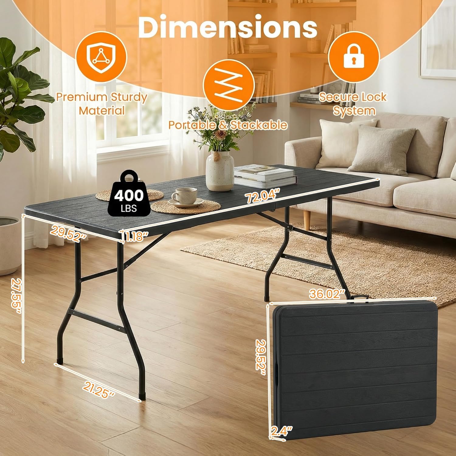 SEALAMB 6 Feet Foldable Table with Built in Handle & Steel Legs,6FT Heavy Duty Folding Portable,Perfect for Party, Dining, Wedding, Events, Picnic Indoor, Outdoor, Camping, Utility, Folding - 6 Ft