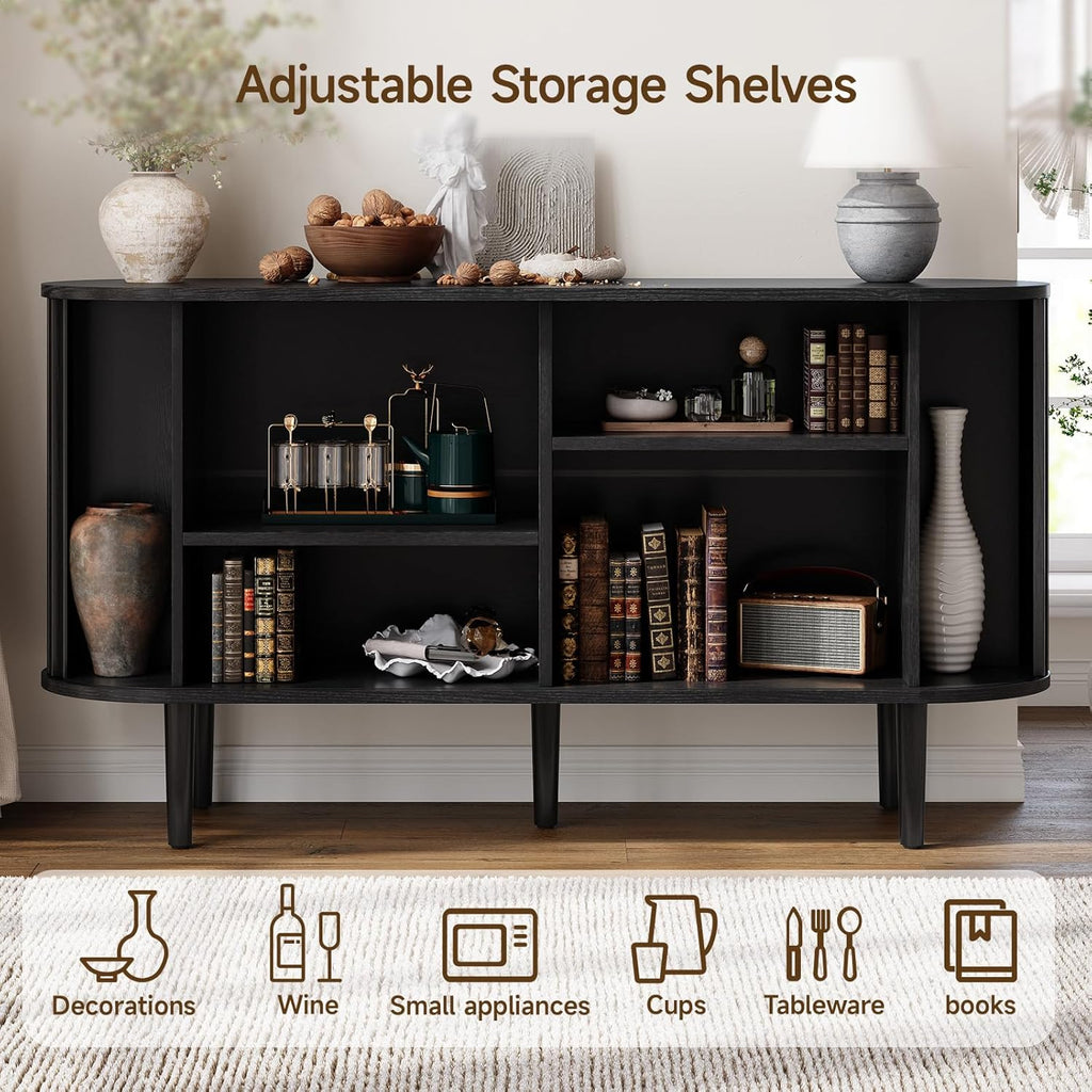 ONBRILL 55" Buffet Sideboard Cabinet with Sliding Doors, Mid-Century Modern Sideboard Buffet Cabinet with Storage & Adjustable Shelves, Accent Coffee Bar Console Table for Kitchen, Entryway, Black