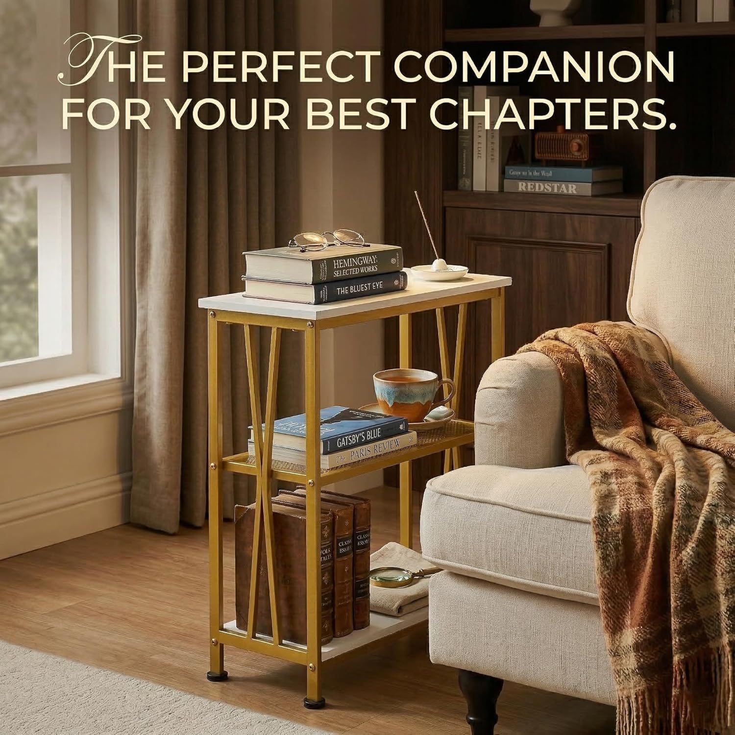 Narrow Side Table, End Table with 3 Tier Storage Shelves, Industrial Rustic Accent Skiny End Tables for Small Spaces, Slim Couch Beside Table, Small Hallway Table for Living Room (White+Gold)