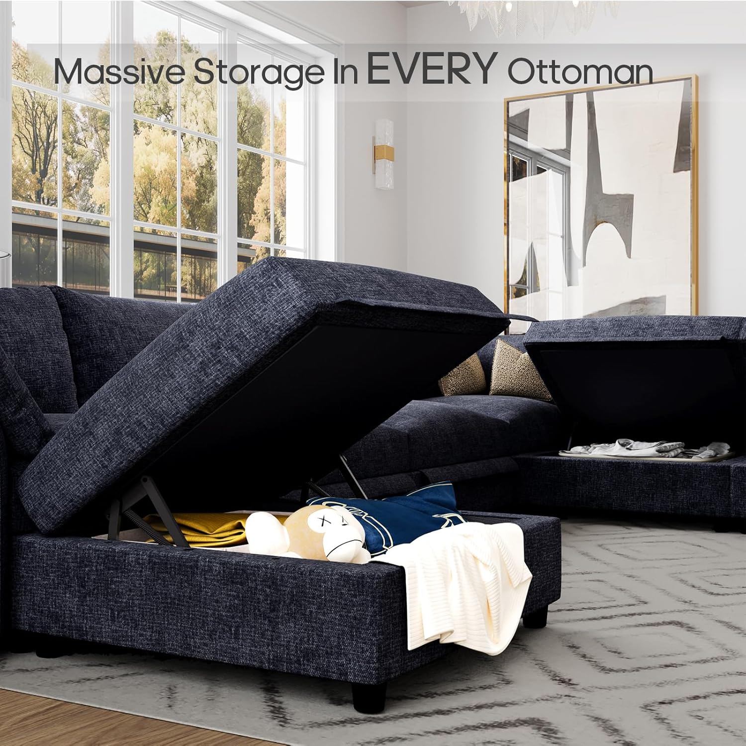 DreamDashio 159" 8-Seat U-Shaped Sectional Sofa, Oversized Modular Cloud Couch with Storage, Adjustable Arms & High Back, Dark Grey Chenille for Large Living Room