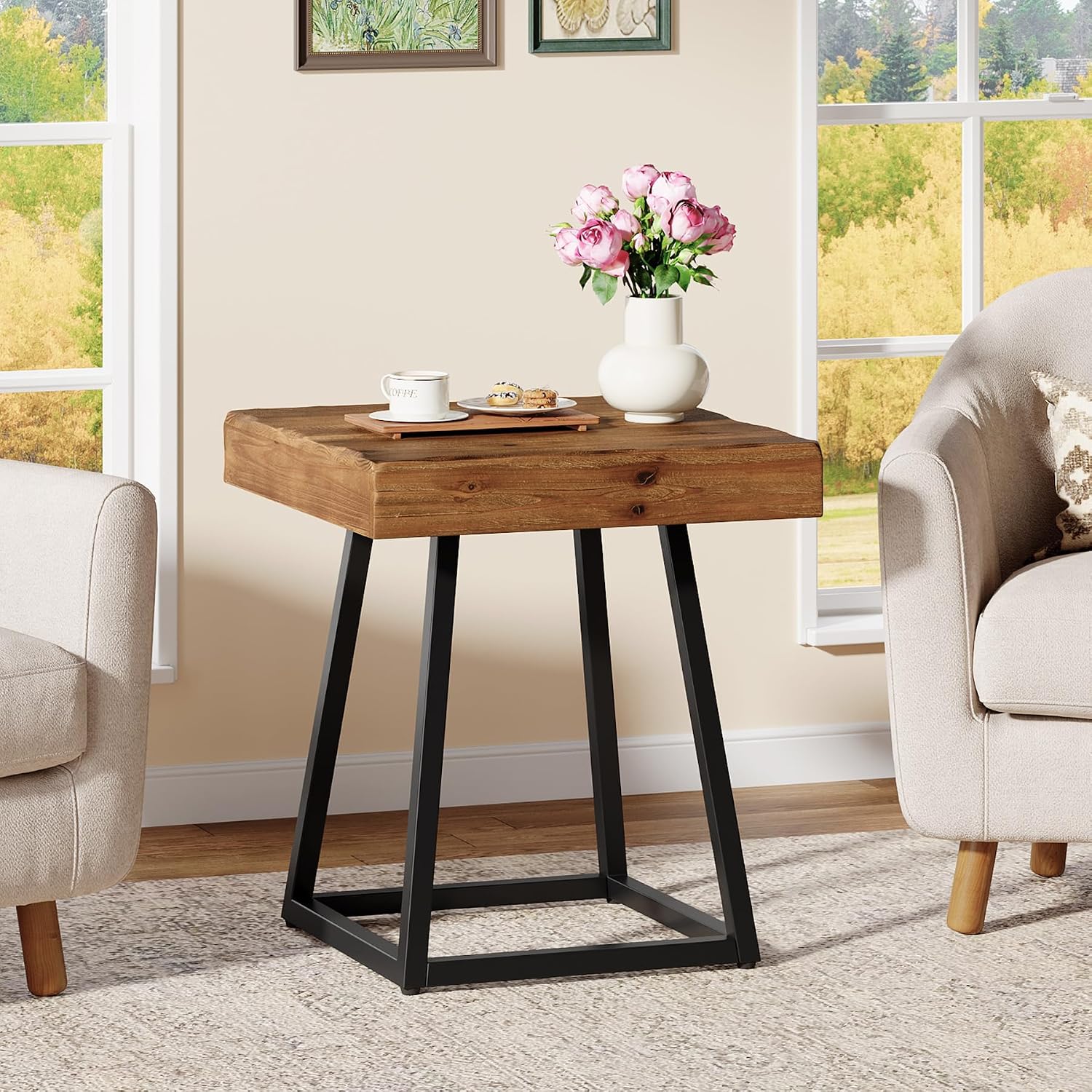 2pcs Solid Wood End Table, 19.7" Square Side Table with Metal Frame, Industrial Nightstand for Living Room, Bedroom, Small Spaces