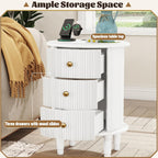 Round End Table with Charging Station, Wood Side Table with Storage for Small Spaces, White Nightstand with 3 Drawers, Couch Side Cabinet Bedside Table for Living Room/Bedroom/Corner