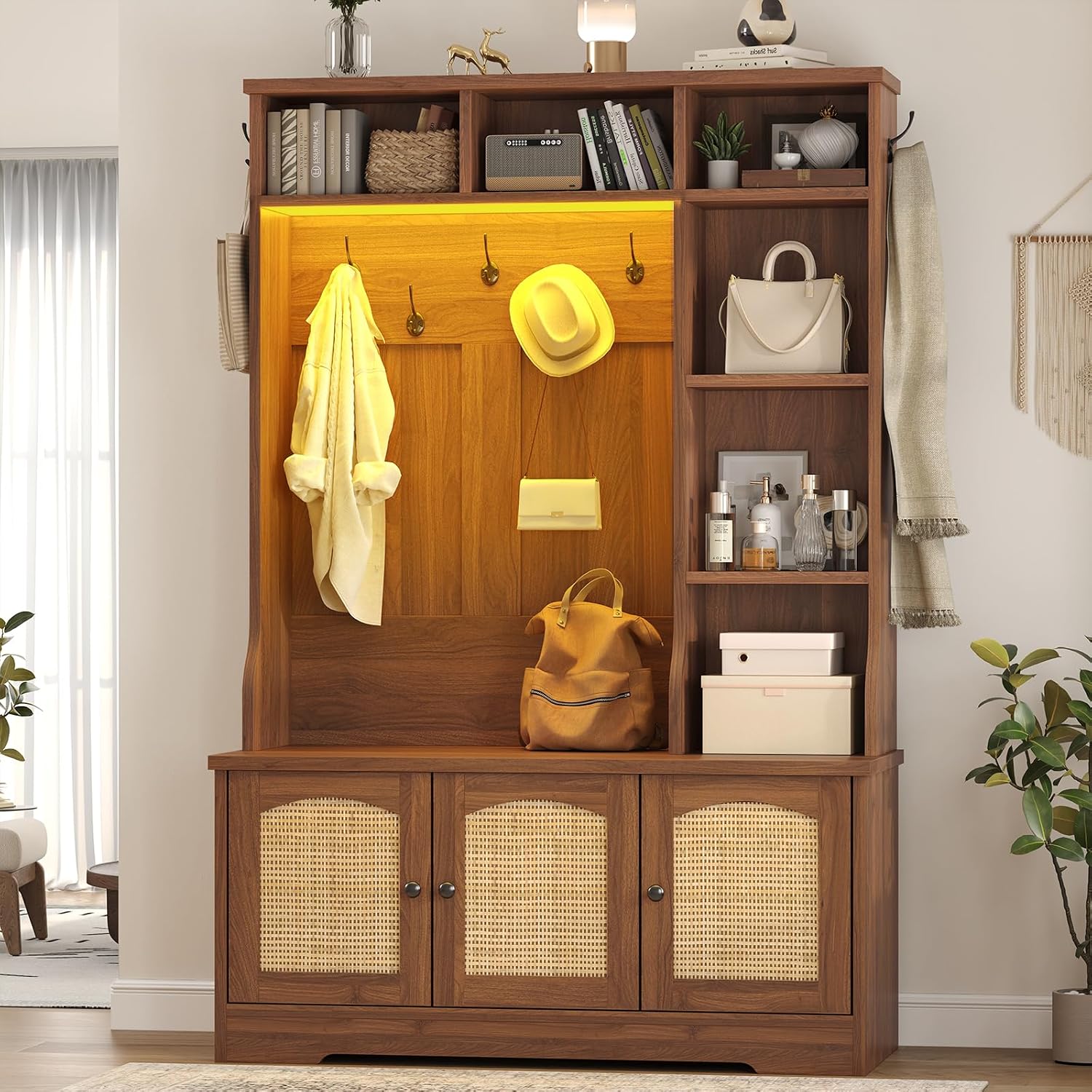 Hall Tree with Bench and Shoe Storage, Rattn Entryway Bench with Coat Rack | 39.4 inch Hall Tree with LED Lights & 6 Storage Cubbies, 7 Coat Hooks, 5-in-1 Shoe Cabinet with Rattan Doors for Small Space