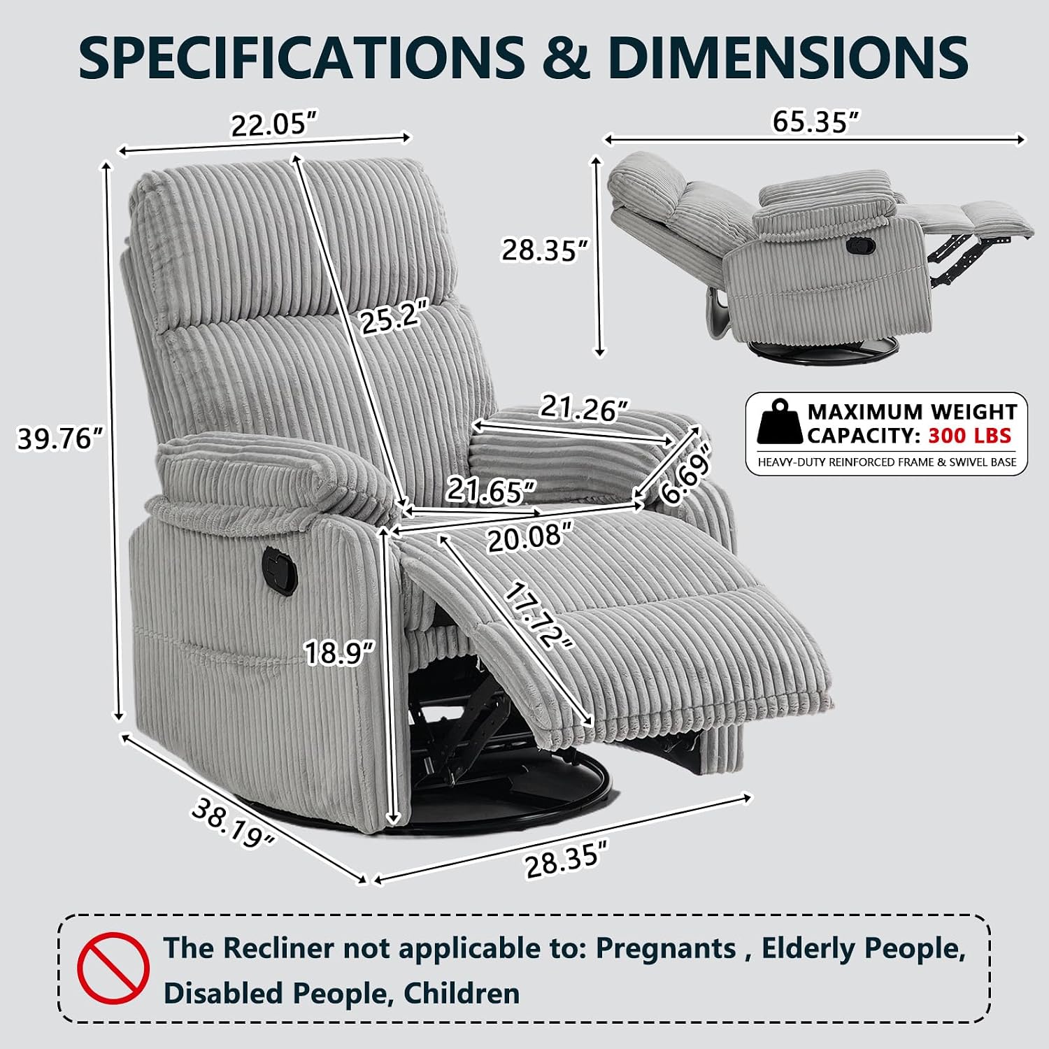 Manual Small Recliner Rocking Chair for Nursery/Relaxation, Corduroy Swivel Glider Recliner for Living Room Bedroom, Grey Rocking Chair Nursery Recliners for Small Spaces, Side Pockets (Grey)