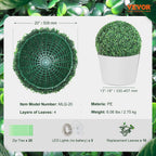 VEVOR 2 Pcs 20” Artificial Plant Topiary Ball, Faux Boxwood Balls with 2 LED Light String, All-Year Green Faux Plant Decorative Balls for Backyard, Balcony,Garden, Wedding and Home Décor