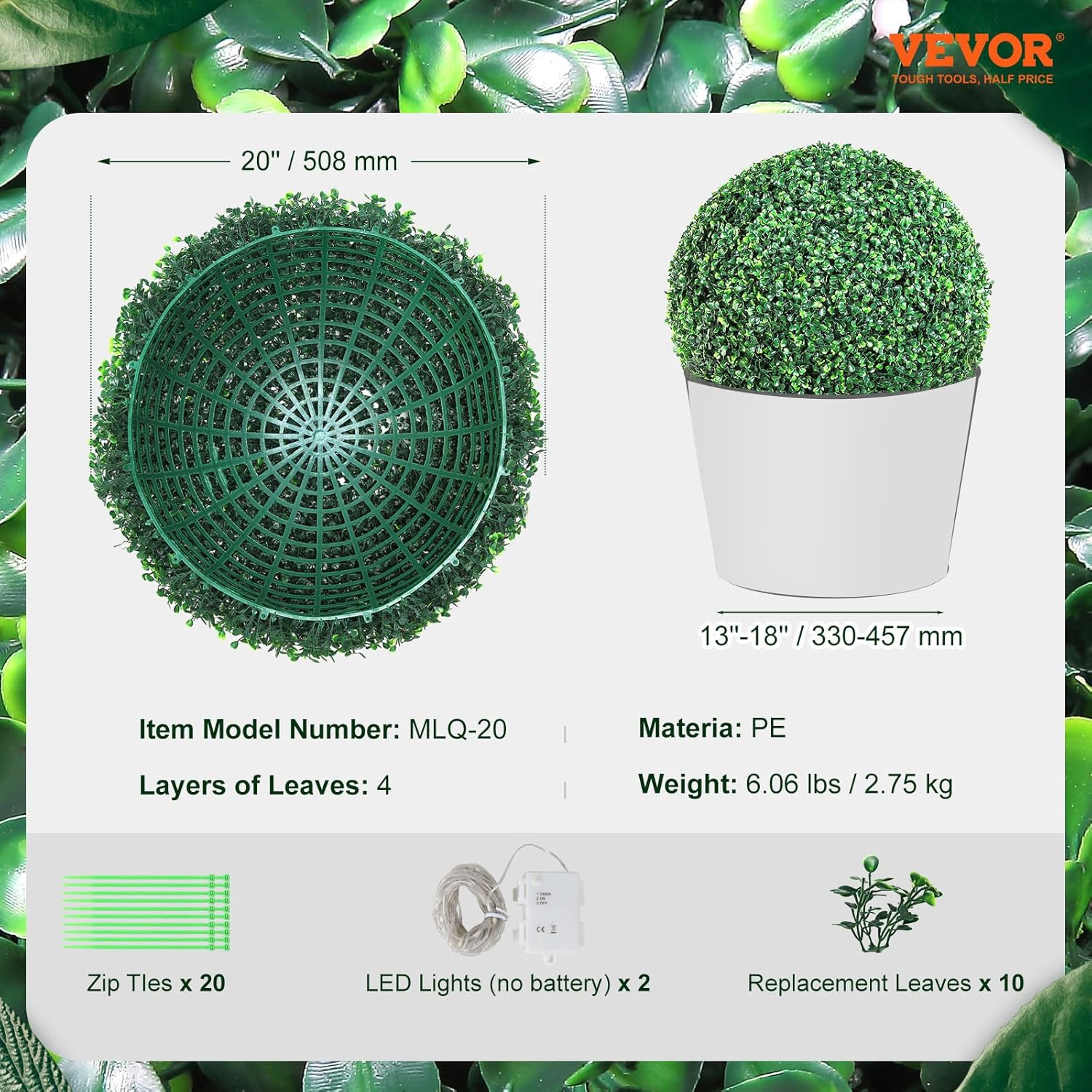 VEVOR 2 Pcs 20” Artificial Plant Topiary Ball, Faux Boxwood Balls with 2 LED Light String, All-Year Green Faux Plant Decorative Balls for Backyard, Balcony,Garden, Wedding and Home Décor