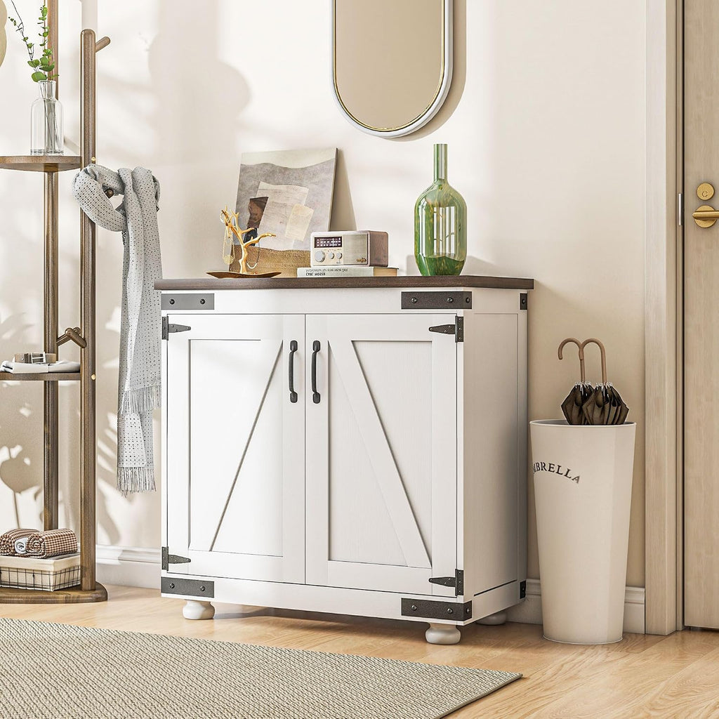 Farmhouse Kitchen Pantry, White Sideboard Buffet Cabinet with Barn Door and Adjustable Shelf, Wood Legs, Easy to Maintain, for Dining Room