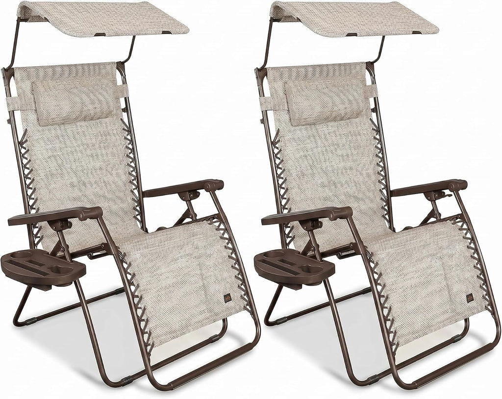 Bliss Hammocks 2 Pack 30" Wide XL Zero Gravity Outdoor Lounge Chair, Adjustable Patio Furniture with Canopy and Side Table, 360 lb Capacity, Sand