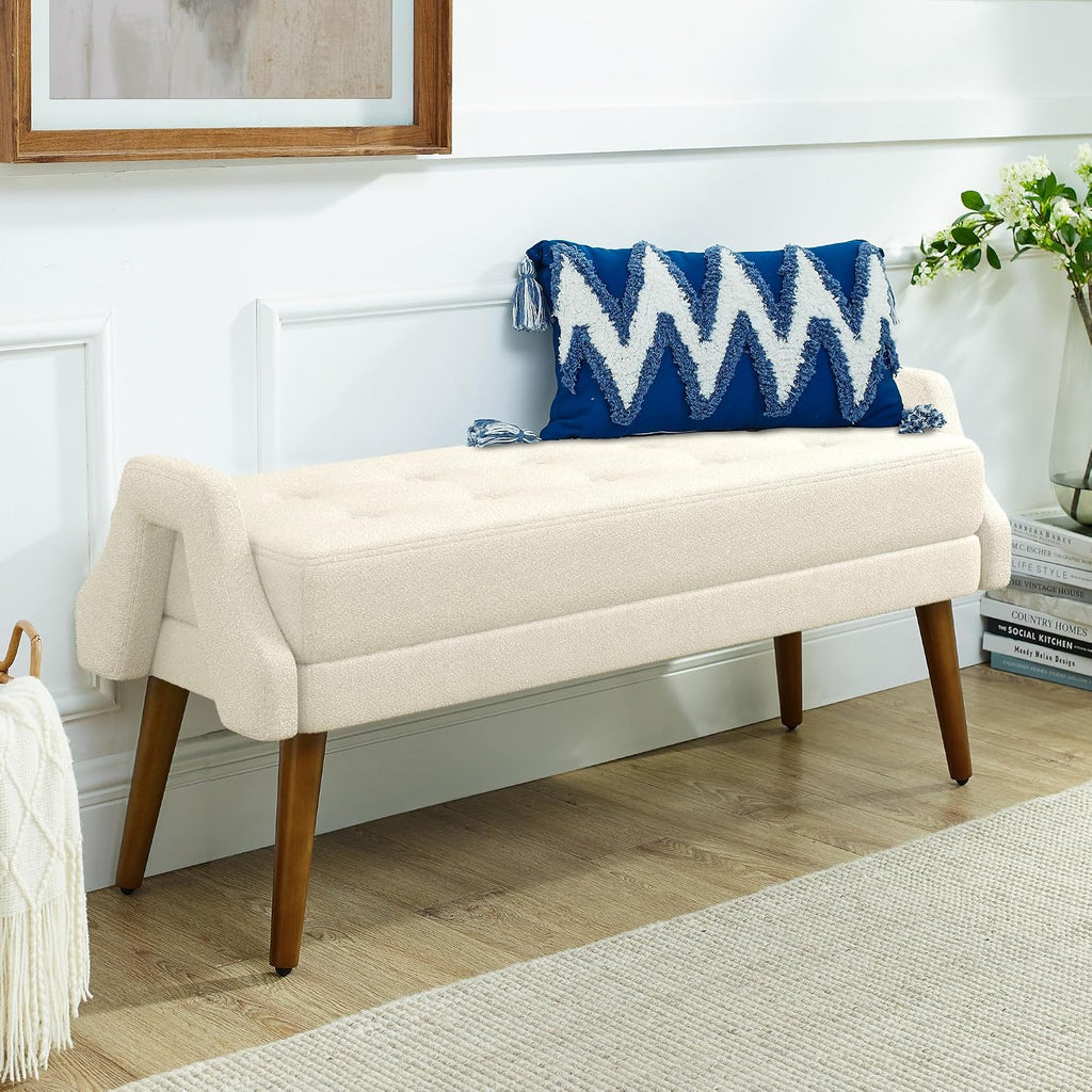 Modern Living Room Bench, Made of Looped Yarn Fabric, with Soft Cushion, Irregular Geometric armrests, and Rubber Wooden Legs, Suitable for Living Rooms, bedrooms, and entrances-Beige RR