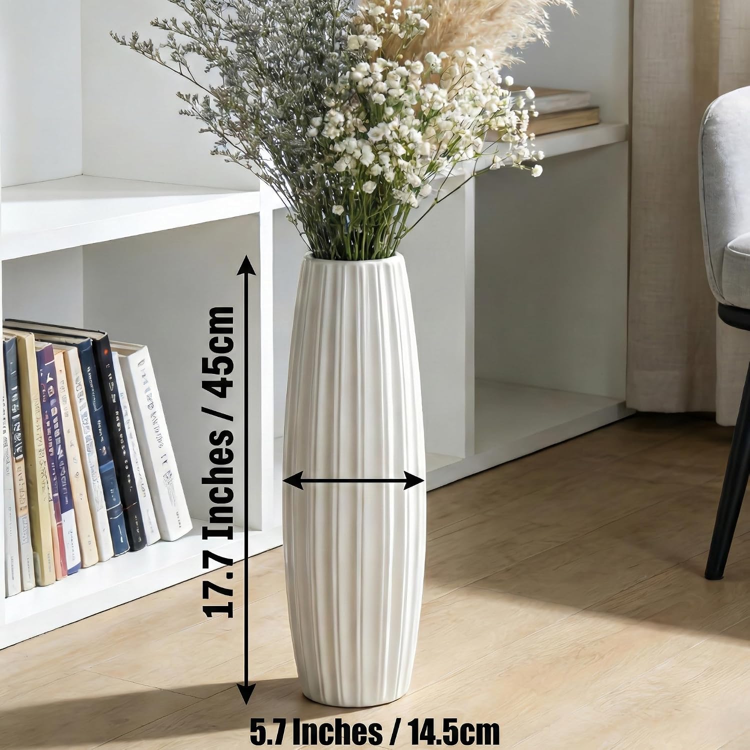 Large Floor Ceramic Vase 17.7 Inches Tall,White Modern Flower Tall Vases for Office, Home,Farmhouse,Living Room Décor,Simple Origami Design Fall Decorative Porcelain Flower Arrangement Vase Ideal Gift