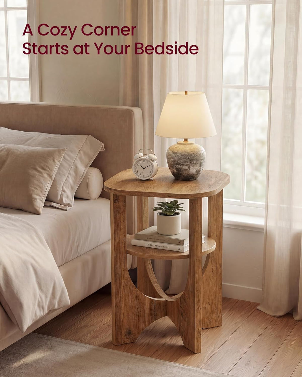 VASAGLE Side Table, 2 Tier Small Accent End Table, Nightstand with Lower Shelf for Small Spaces, Living Room, Bedroom, Honey Brown ULET233M101S