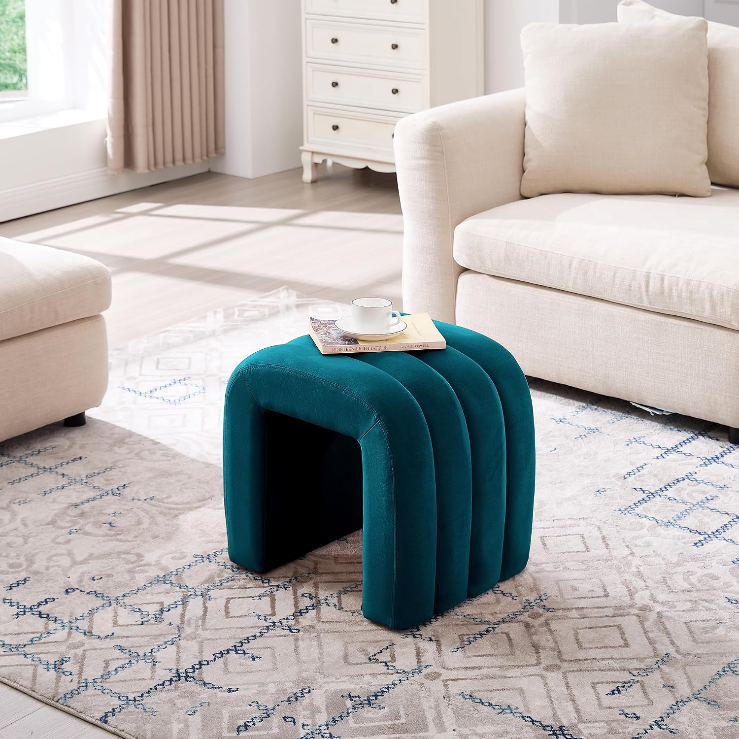 Multi-Functional Ottoman Stool, Footrest for Couch, Modern Vanity Stool for Make-up Room, Living Room and Entryway, Small Cute Footstool (Teal Velvet)