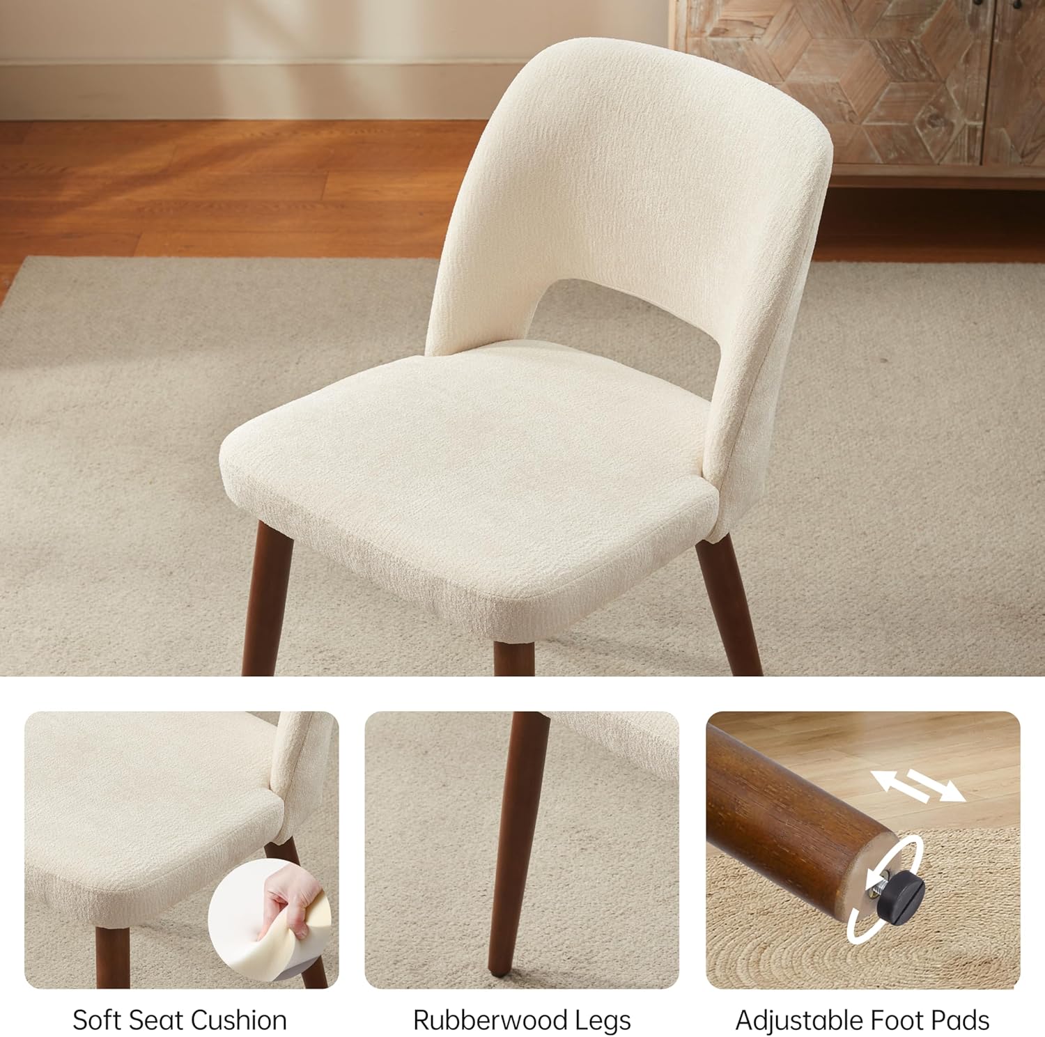 Usaint Wooden Dining Chairs Set of 4, 19.3" Modern Fabric Upholstered Dining Room Chair with Ergonomic Curved Backrest for Kitchen Dining Room and Restaurant, Beige