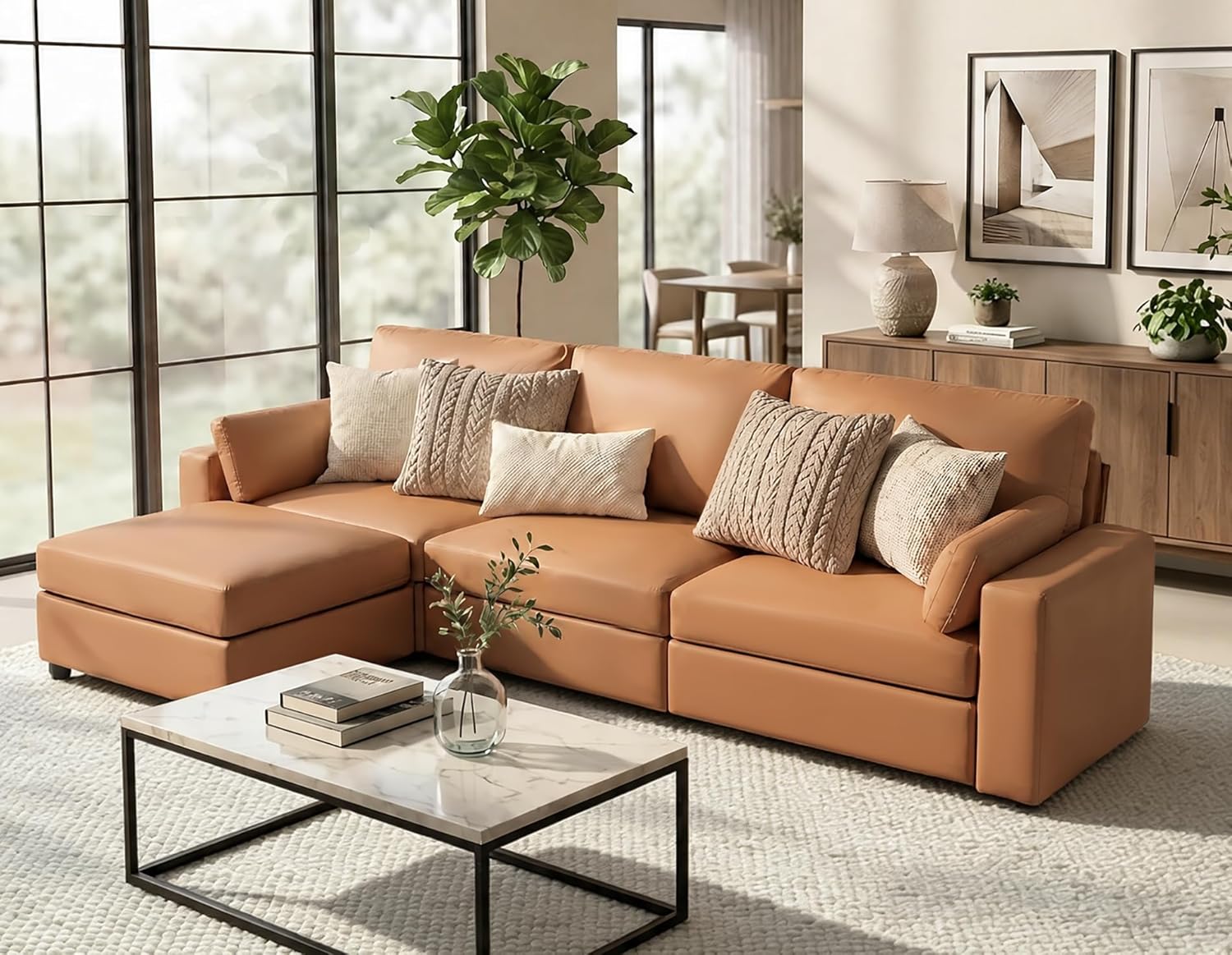 Leather Sectional Sofa, 117" Oversized Modular Sectional Couch, Deep Seat Scratch Resistant Faux Leather Couches, Wide L Shaped Vegan Leather Sofa, (Brown, 3-Seater & Ottoman)