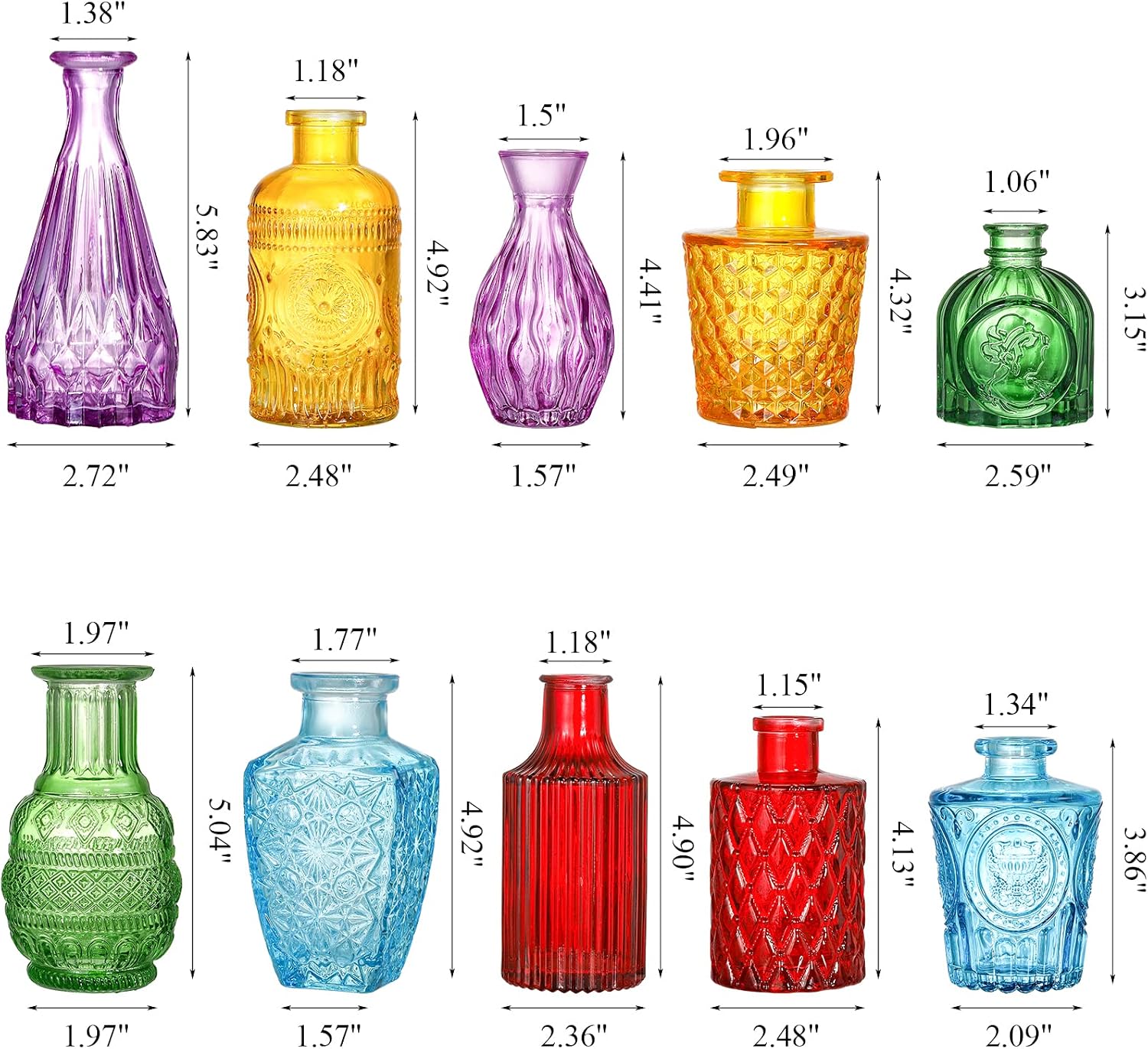 Coloch Set of 10 Colored Bud Vases, Assorted Small Glass Flower Vases Vintage Carved Floral Vase Single Bud Vase in Bulk for Centerpieces, Parties, Wedding Decoration, Office, Home