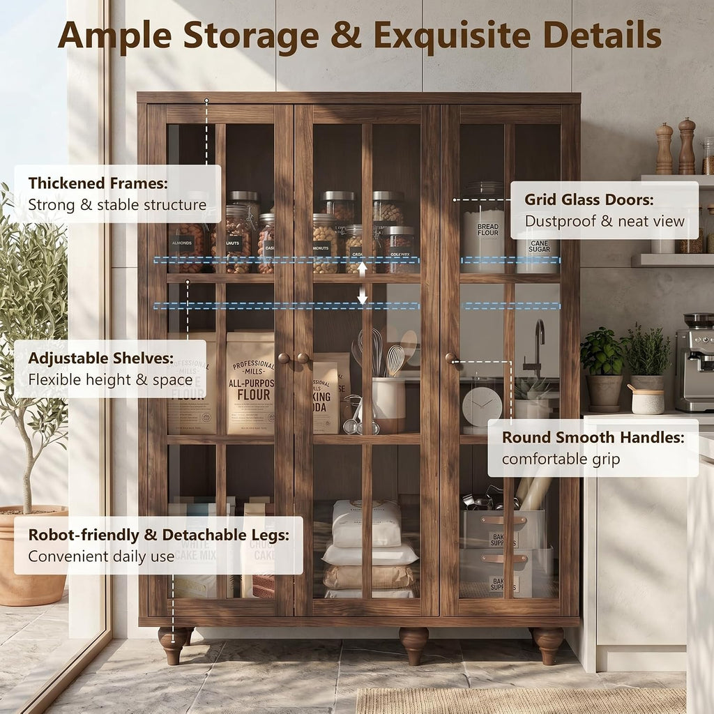51" Tall Modular Pantry Storage Cabinet, Farmhouse Kitchen Pantry Cabinet with Adjustable Shelves & Glass Doors, Food Storage Cabinet for Kitchen, Living Room (1, Cracked Oak, 51 Inch)