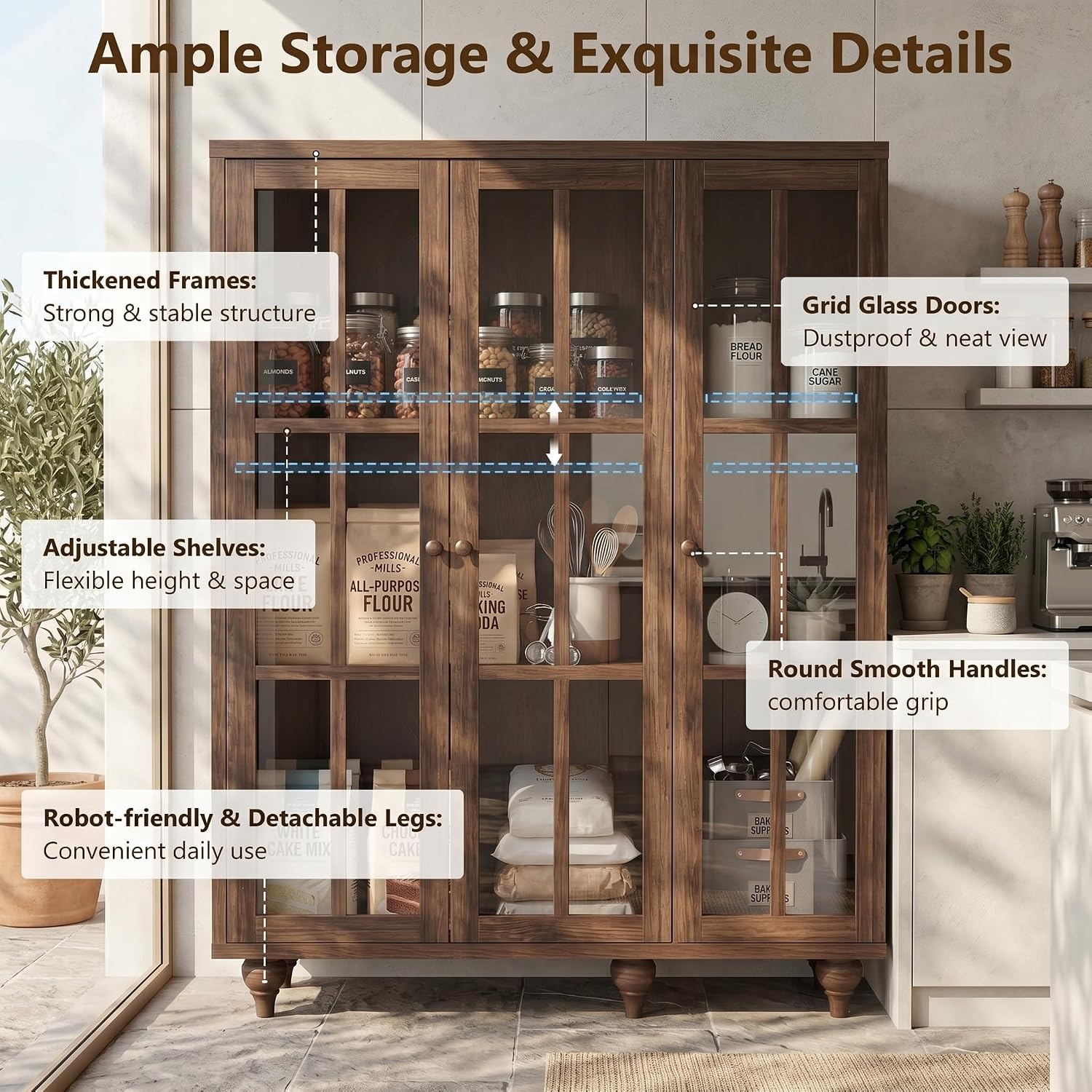 51" Tall Modular Pantry Storage Cabinet, Farmhouse Kitchen Pantry Cabinet with Adjustable Shelves & Glass Doors, Food Storage Cabinet for Kitchen, Living Room (1, Cracked Oak, 51 Inch)
