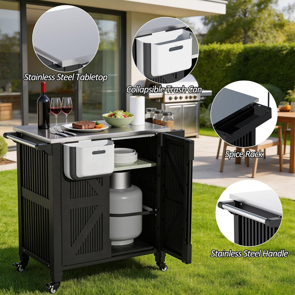 Spurgehom Outdoor Grill Cart with Storage Movable Outdoor Grill Table Kitchen Island with Wheels, BBQ Cart Pizza Oven Table Food Prep Table Cart Storage Cabinet for Outside Patio Backyard Garden