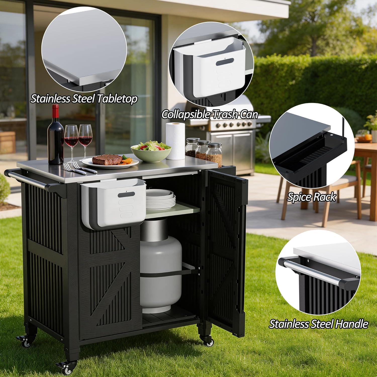 Spurgehom Outdoor Grill Cart with Storage Movable Outdoor Grill Table Kitchen Island with Wheels, BBQ Cart Pizza Oven Table Food Prep Table Cart Storage Cabinet for Outside Patio Backyard Garden