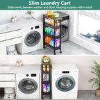 Vivihomety Utility Slim Storage Cart with Wheels, 4 Tier Small Rolling Cart with Wood Top, Metal Kitchen Bathroom Laundry Room Organization Trolley with Handle for Narrow Space – Black