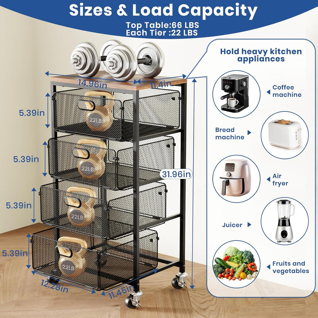 Goovilla Kitchen Cart with Drawers, 4 Tier Metal Rolling Utility Cart Organizer on Lockable Wheels with Wooden Top, Black Fruit Vegetable Storage Rack Also for Cans, Snack, Craft, Art, Office, Beauty