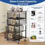 Goovilla Kitchen Cart with Drawers, 4 Tier Metal Rolling Utility Cart Organizer on Lockable Wheels with Wooden Top, Black Fruit Vegetable Storage Rack Also for Cans, Snack, Craft, Art, Office, Beauty