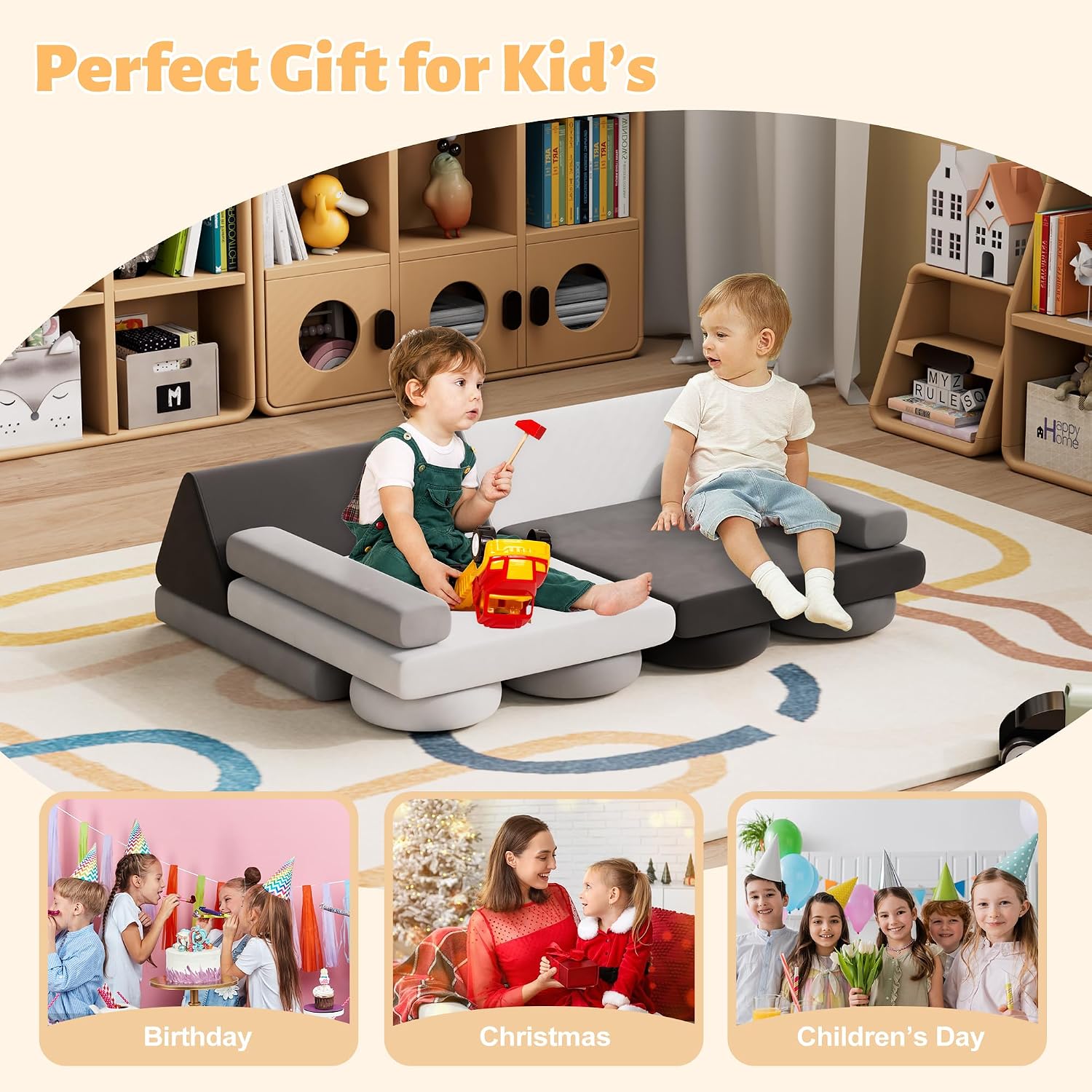 HedoAjim 12 PCS Modular Kids Play Block Couch Sofa Soft Child Toddler Building Fortplay Climbing Bedroom Playroom Baby Convertible Floor Foam Cushion for Boys & Girls (Tonal Gray)