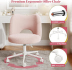 DurayLoly Vanity Chair with Open Hollow Back, Armless Desk Chair with Silent Wheels, Height Adjustable, Soft Teddy Fabric, 360° Swivel for Bedroom Vanity & Home Office, Candy Pink