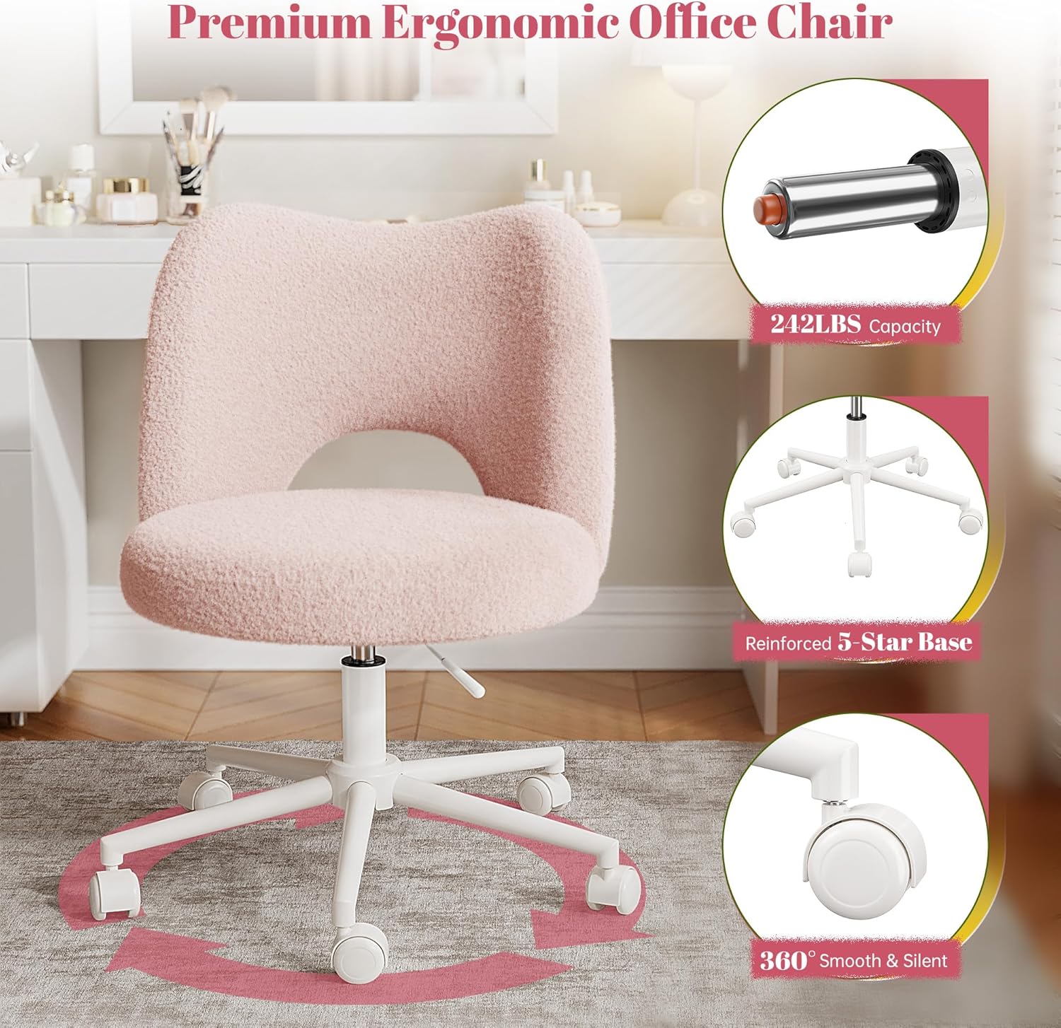 DurayLoly Vanity Chair with Open Hollow Back, Armless Desk Chair with Silent Wheels, Height Adjustable, Soft Teddy Fabric, 360° Swivel for Bedroom Vanity & Home Office, Candy Pink