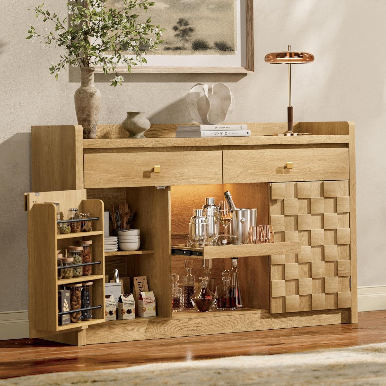 STO'SENSE 55" Sideboard Buffet Cabinet with Charging Station & LED Light, Coffee Bar Cabinet with Drawers, Pull-Out Shelf & Door Rack, Modern Storage Cabinet for Kitchen, Dining Room